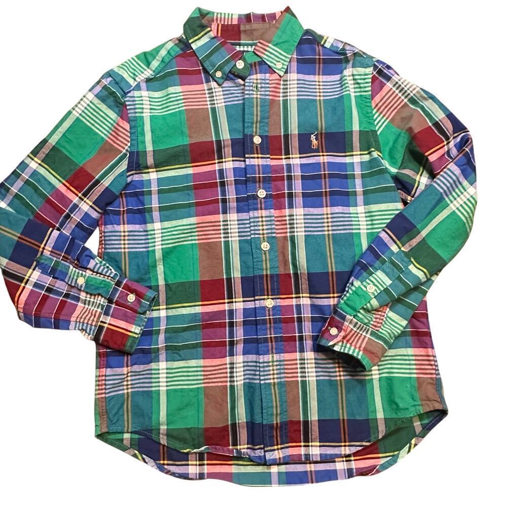 Polo Ralph Lauren Boy's Button-Down Long Sleeve Oxford Plaid Green M (10-12)